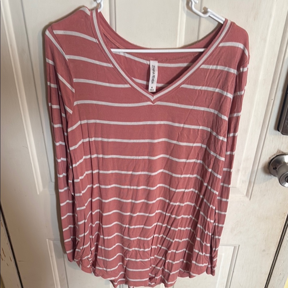 Women's Long Pink & White Striped V-Neck Top